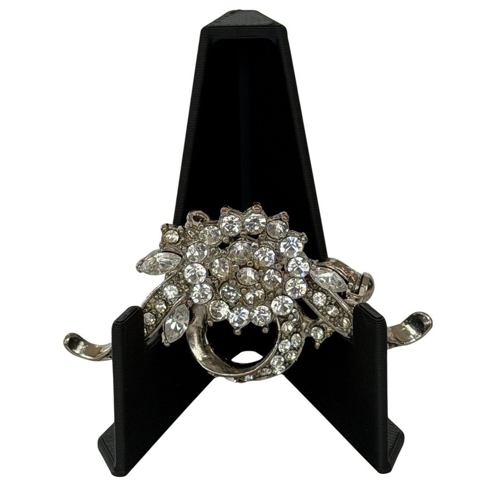 Vintage Alfred Sung Signed Rhinestone Bouquet Brooch Silver Tone Floral Pin